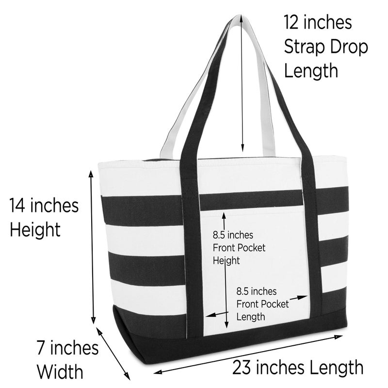 DALIX Striped Boat Bag Premium Cotton Canvas Tote in Black - Image 4